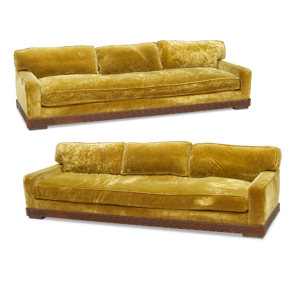 A PAIR OF CRUSHED VELVET UPHOLSTERED STAINED WOOD SOFASManufactured by Custom Craft (1 of 1)