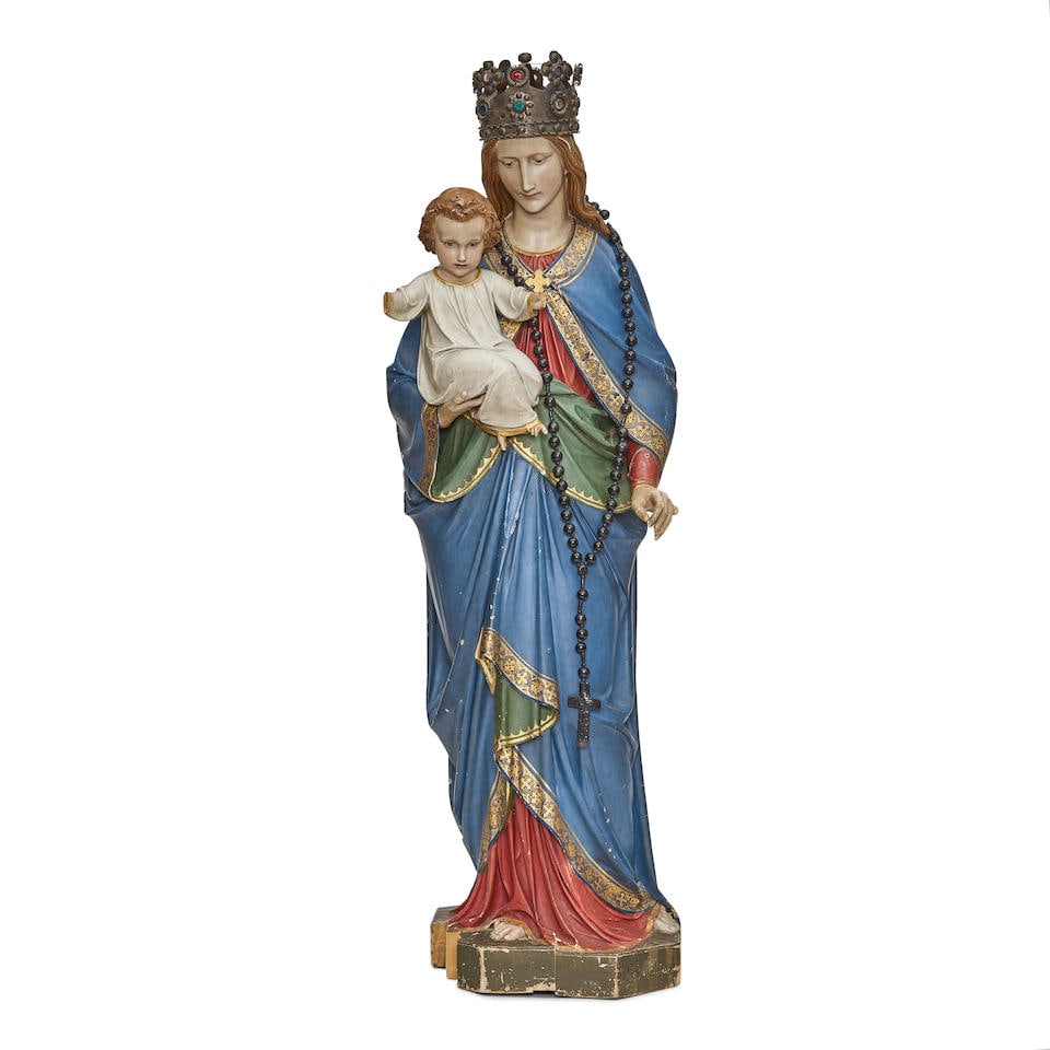 A LIFE SIZE POLYCHROME CARVED WOOD FIGURE OF THE MADONNA AND CHILD20th century (1 of 4)