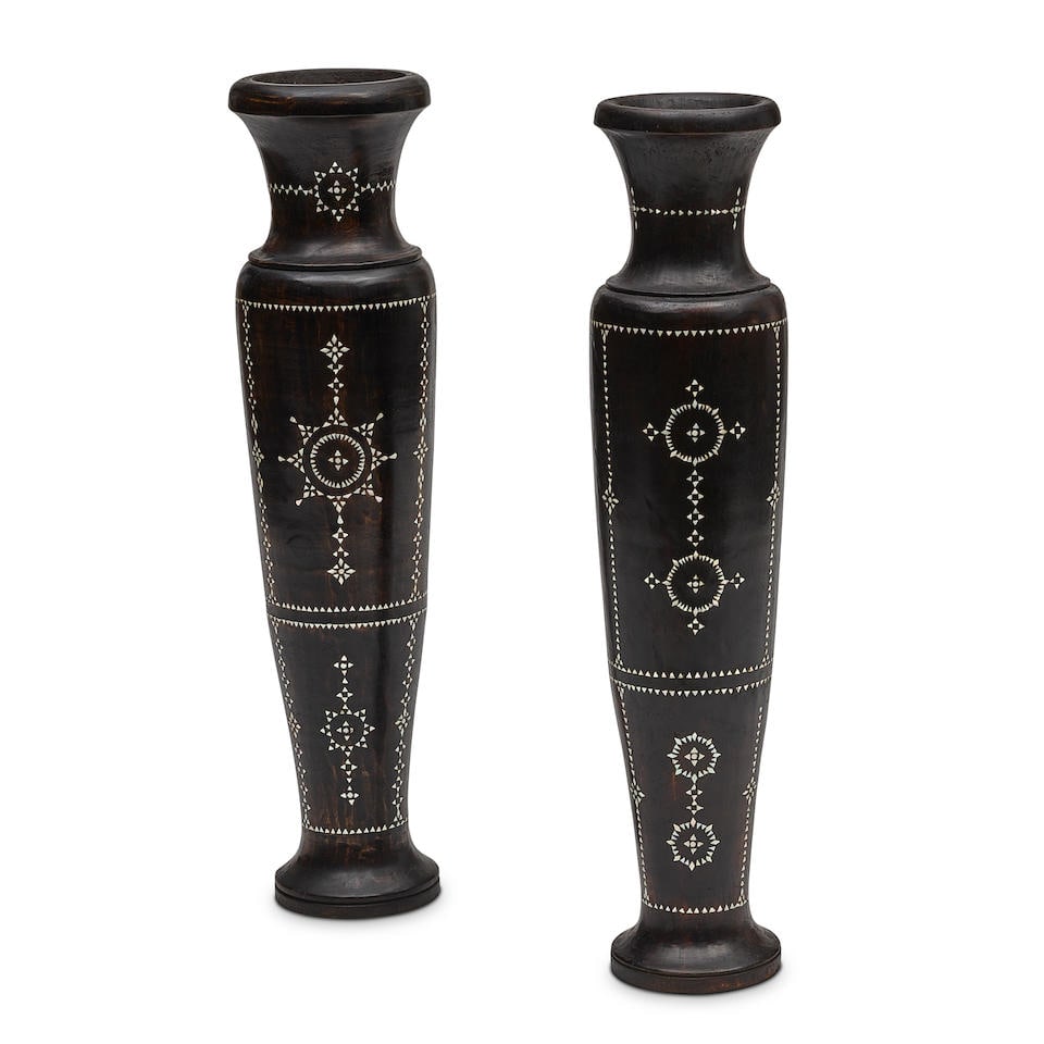 A PAIR OF SOUTHEAST ASIAN STYLE SHELL INLAID STAINED WOOD VASES20th century (1 of 2)