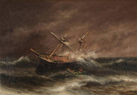 XANTHUS RUSSELL SMITH (American, 1839-1929) A Ship Tossed on Stormy Seas (14 3/8 x 20 3/8 in (36...: XANTHUS RUSSELL SMITH (American, 1839-1929) A Ship Tossed on Stormy Seas signed and dated 'Xanthus Smith / 1902' (lower right) oil on canvas 14 3/8 x 20 3/8 in (36.5 x 51.8 cm).framed 18 5/8 x 24 7/8