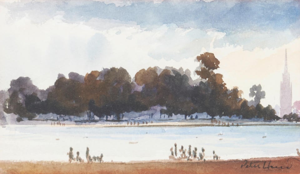 PETER HURD (American, 1904-1984) Urban Shoreline (sight size 3 3/4 x 6 1/2 in (9.5 x 16.5 cm).fr...: PETER HURD (American, 1904-1984) Urban Shoreline signed 'Peter Hurd' (lower right) watercolor on paperboard sight size 3 3/4 x 6 1/2 in (9.5 x 16.5 cm).framed 11 3/4 x 13 7/8 x 2 3/8 in (29.8 x 35.2 x