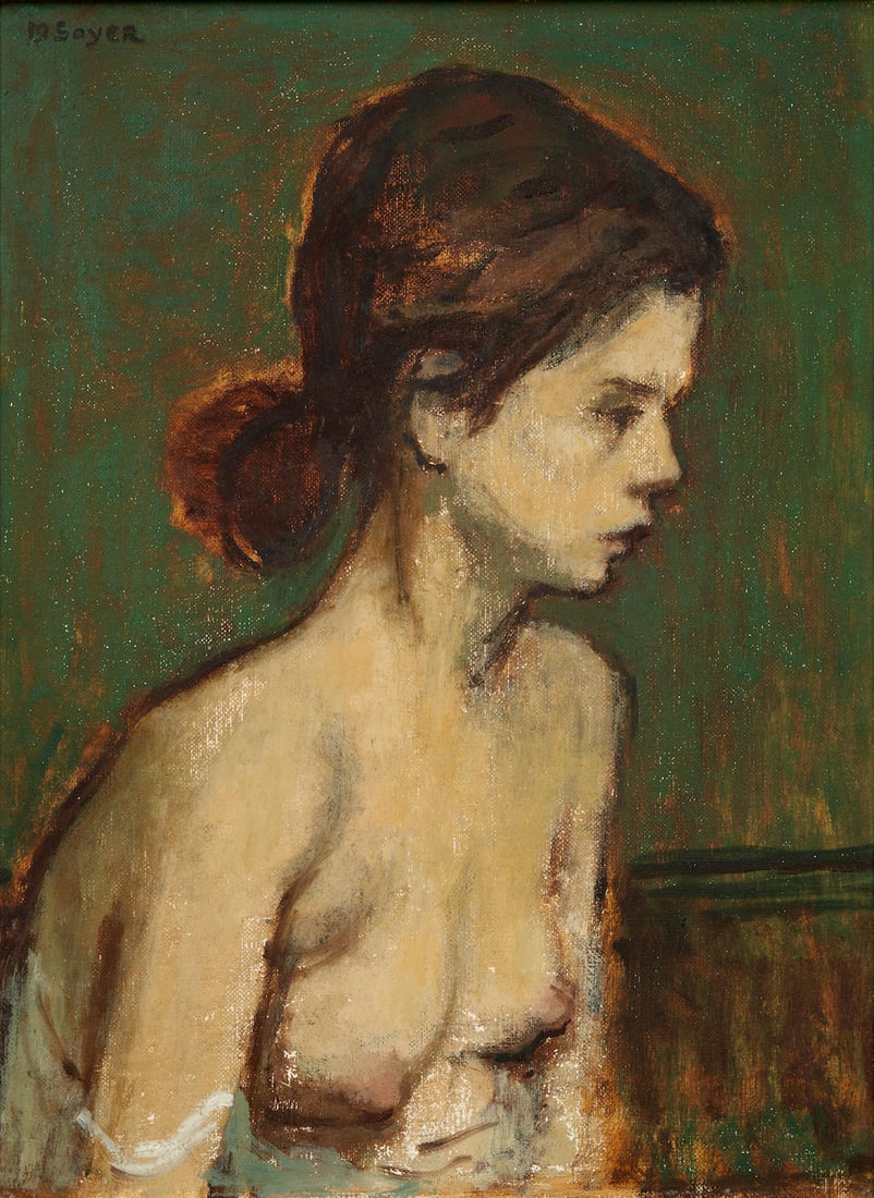 MOSES SOYER (American, 1899-1974) A Seated Female Nude, Half-Length (16 x 12 1/4 in (40.6 x 31.1...: MOSES SOYER (American, 1899-1974) A Seated Female Nude, Half-Length signed 'M SOYER' (upper left) oil on canvas 16 x 12 1/4 in (40.6 x 31.1 cm).framed 19 3/4 x 15 3/4 x 1 3/4 in (50.2 x 40.0 x 4.4 cm)
