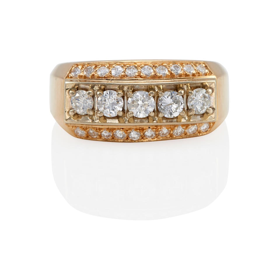14K GOLD AND DIAMOND RING: 14K GOLD AND DIAMOND RING • 14k yellow gold • 25 round diamonds weighing approximately 1.55 - 1.60 carat total • Marked 'JTC' • Size 13 ½ • Estimated gross weight: 8