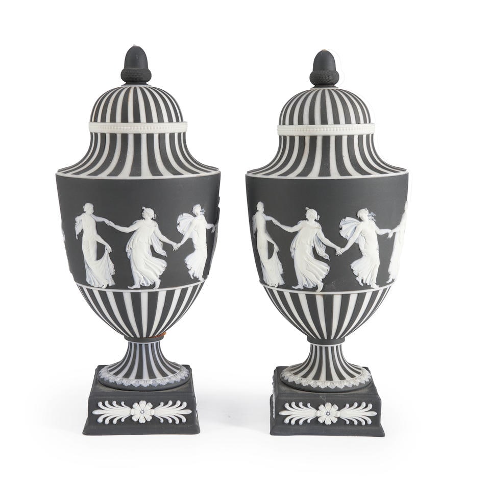 Two Wedgwood Black Jasper Dip Vases and Covers, England, early 20th century, (1 of 3)