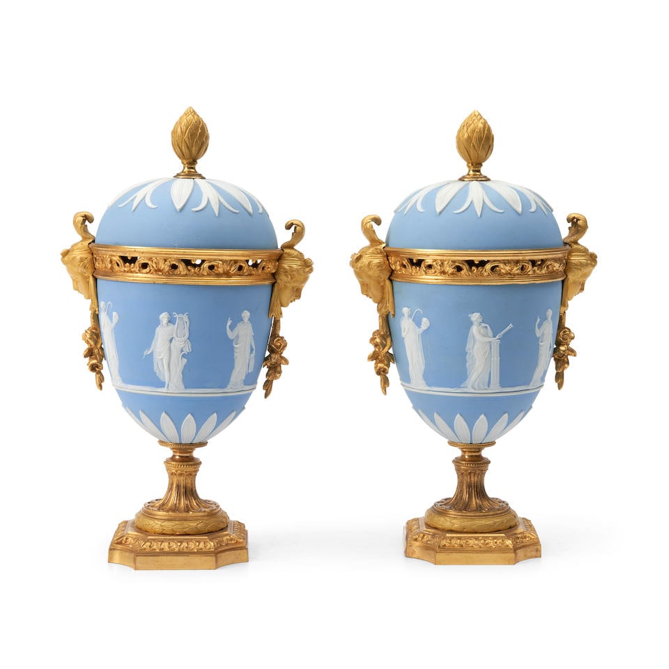 Pair of Wedgwood Solid Blue Jasper and Gilt Bronze Vases and Covers, England, 19th century, (1 of 1)