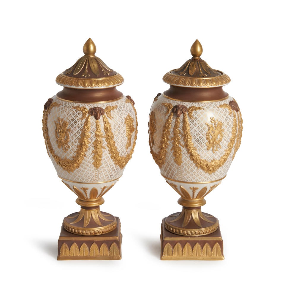 Pair of Wedgwood Bronze and Gilt Queen's Ware Vases and Covers,  England, late 19th century, (1 of 1)
