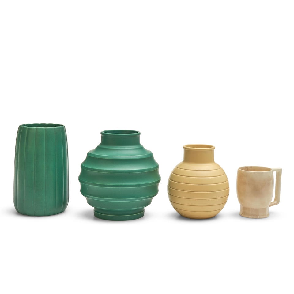 Four Wedgwood Keith Murray Design Items, England, c. 1935,: Four Wedgwood Keith Murray Design Items, England, c. 1935, two matt green vases, ht. 7 1/2, 7 3/4; a straw glazed vase, ht. 6; and a queen's ware mug, ht. 4 in.; printed marks. For further information