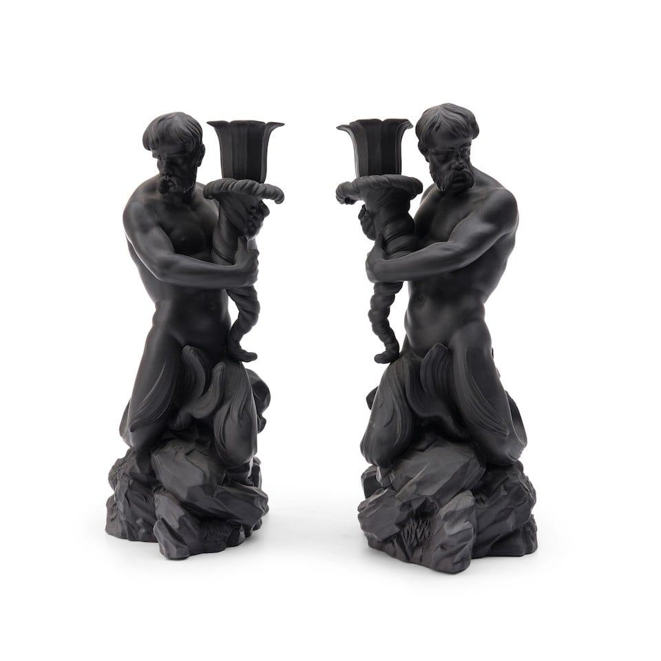 Pair of Modern Wedgwood Black Basalt Triton Candlesticks, England, 1973, (1 of 1)