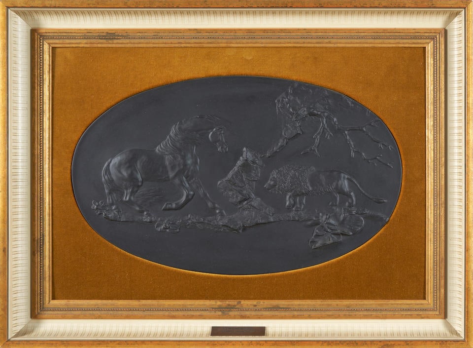 Framed Wedgwood Black Basalt 'The Frightened Horse' Plaque, England, 1973,: Framed Wedgwood Black Basalt 'The Frightened Horse' Plaque, England, 1973, after the original by George Stubbs, oval shape, numbered 167 in a special edition of 250, impressed and printed marks, set i