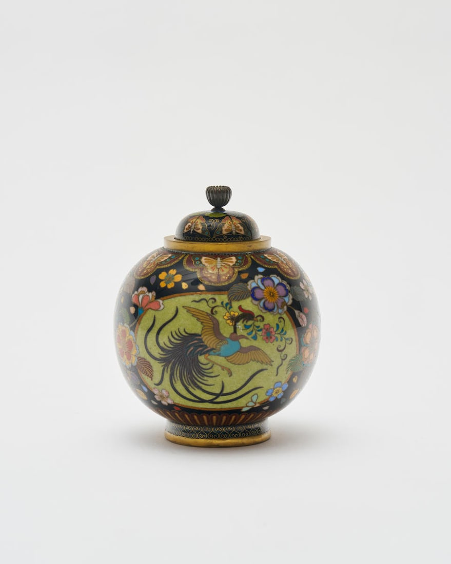 A cloisonné enamel koro and cover in the style of Namikawa Yasuyuki (1845-1927), Meiji period: A cloisonné enamel koro and cover in the style of Namikawa Yasuyuki (1845-1927), Meiji period with box, 10.2cm high For further information on this lot please visit Bonhams.com For further inform