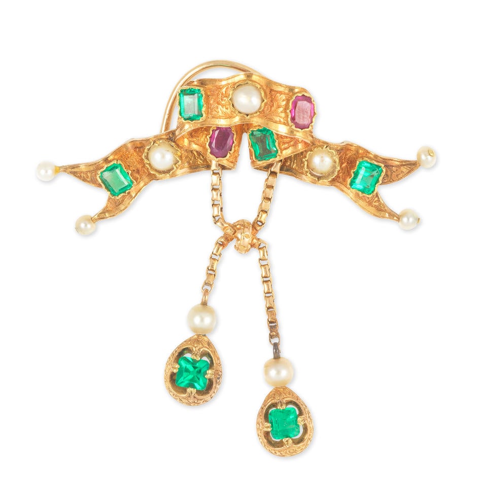 EMERALD, RUBY AND CULTURED PEARL 'TASSEL' BROOCH, CIRCA 1850 BROCHE EMERAUDES, RUBIS ET PERLES D...: EMERALD, RUBY AND CULTURED PEARL 'TASSEL' BROOCH, CIRCA 1850 BROCHE EMERAUDES, RUBIS ET PERLES DE CULTURE, CIRCA 1850 • French import marks for 18 carat yellow gold (750°/00) • Stylis