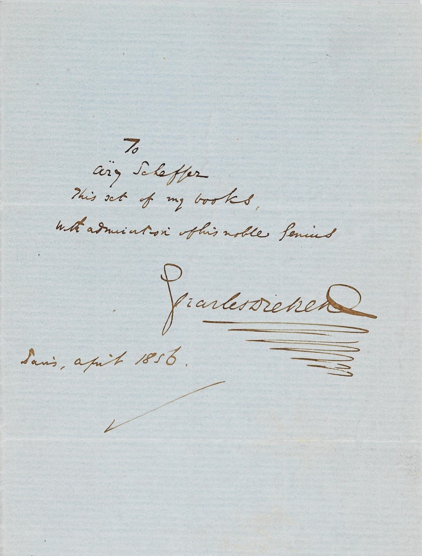 DICKENS (CHARLES) Autograph note signed ('Charles Dickens') to Ary Scheffer, Paris, April 1856: DICKENS (CHARLES) Autograph note signed ('Charles Dickens') to Ary Scheffer, '...This set of my books with admiration of his noble genius...', one page on pale blue paper, light dust-staining, creased