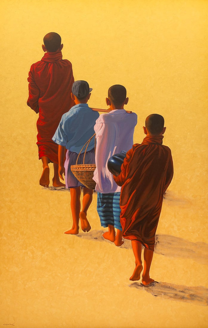 Min Wae Aung (Burma, born 1960) Novices and Boys: Min Wae Aung (Burma, born 1960) Novices and Boys signed and dated 'Min Wae Aung/2001' (lower left) acrylic on canvas 181 x 115.9cm (71 1/4 x 45 5/8in). For further information on this lot please visit
