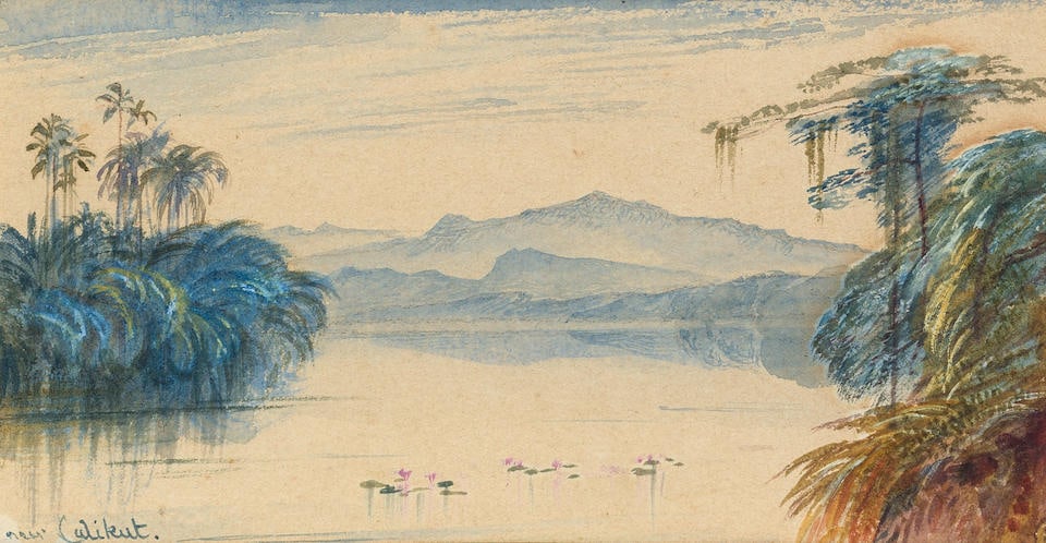 Edward Lear (British, 1812-1888) A view across Kozhikode (Calicut), Malabar, India: Edward Lear (British, 1812-1888) A view across Kozhikode (Calicut), Malabar, India inscribed 'near Calikut' (lower left) watercolour 10.1 x 19.3cm (4 x 7 5/8in). For further information on this lot pl