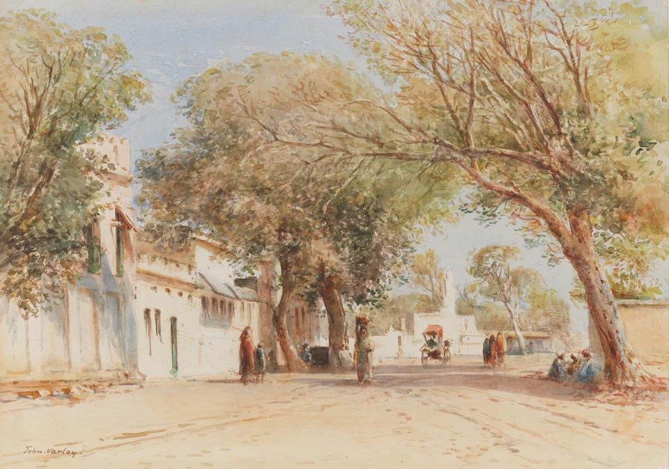 John Varley Jnr. (British, 1850-1933) Near the cantonment, Benares: John Varley Jnr. (British, 1850-1933) Near the cantonment, Benares signed 'John.Varley' (lower left), bears inscription 'near the cantonment - Benares' (on backing board) watercolour with traces of pe