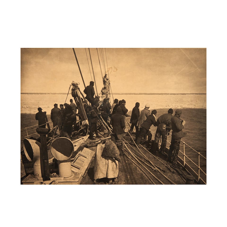 PONTING (HERBERT) 'The Terra Nova Entering the Pack Ice', [1910, printed 1920s]: PONTING (HERBERT) 'The Terra Nova Entering the Pack Ice', carbon print, SIGNED BY THE PHOTOGRAPHER ('H.G. Ponting') lower left on image, 3 specks and small smudge adhered to surface, 3 light abrasion