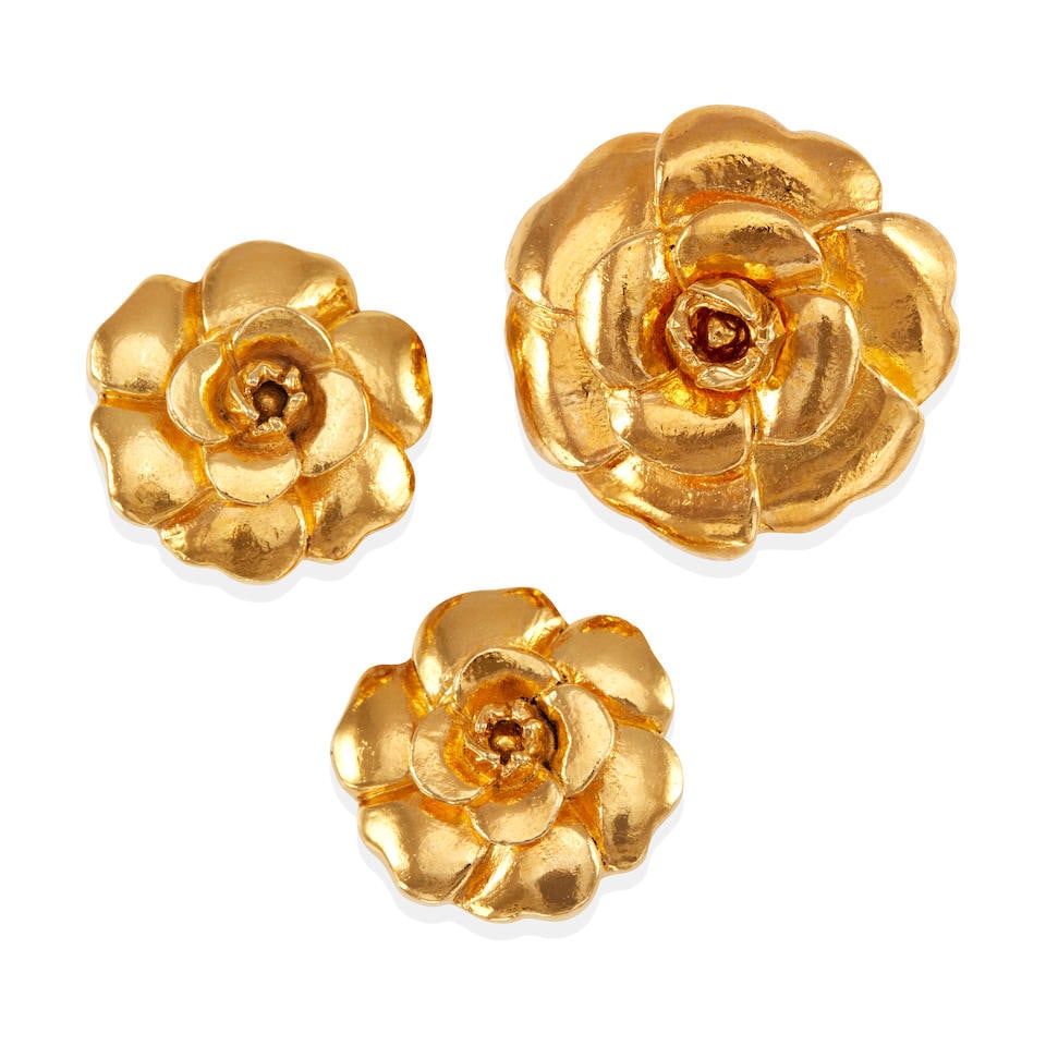 CHANEL: CAMELLIA EARRING AND BROOCH SET Early 1980's (1 of 1)