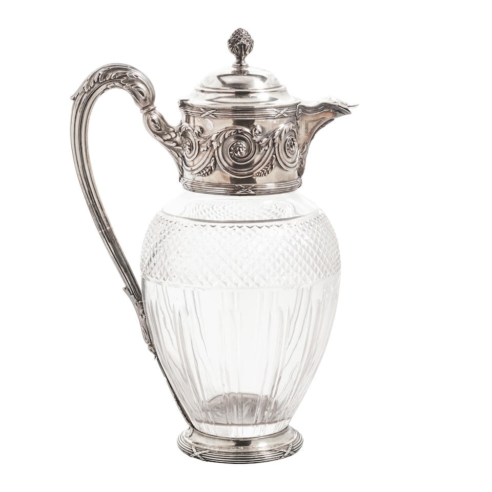 A FRENCH STERLING SILVER AND GLASS CLARET JUG by Alphonse Debain, Paris, late 19th/early 20th ce...: A FRENCH STERLING SILVER AND GLASS CLARET JUG by Alphonse Debain, Paris, late 19th/early 20th century The lid inscribed THE ANGLO-AMERICAN ROOMS / TO / G. A. RICHARDS / JANUARY 1910. height 11 3/4in (