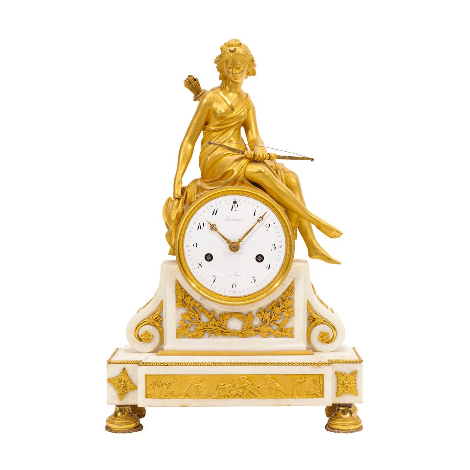 A NEOCLASSICAL GILT BRONZE AND MARBLE FIGURAL MANTLE CLOCKBachelard, early 19th century (1 of 1)