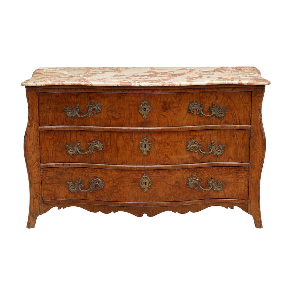 A CONTINENTAL BAROQUE MARBLE TOP GILT BRONZE MOUNTED OAK SERPENTINE FRONT COMMODE18th century (1 of 1)