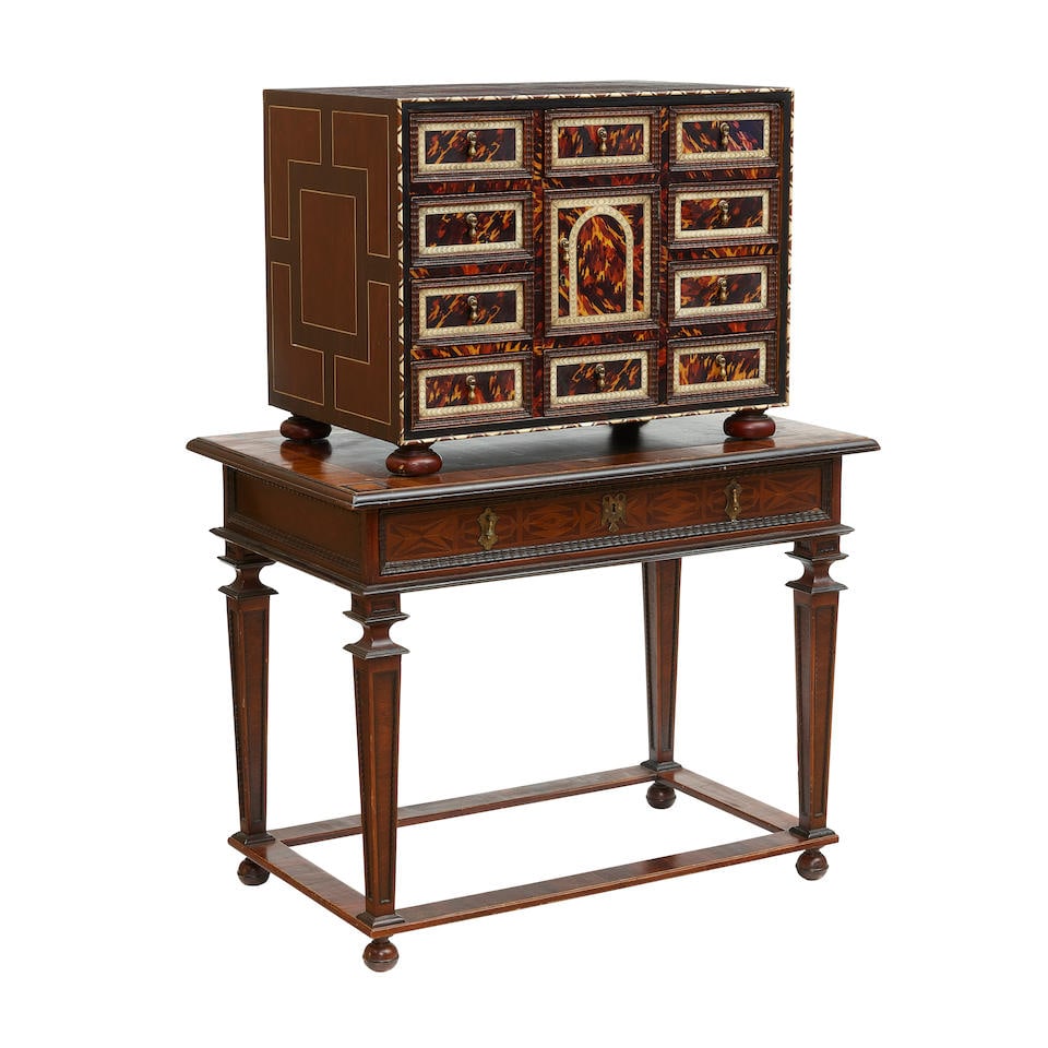 A BAROQUE STYLE INLAID FAUX TORTOISESHELL VARGUENO ON MAHOGANY STAND (1 of 4)