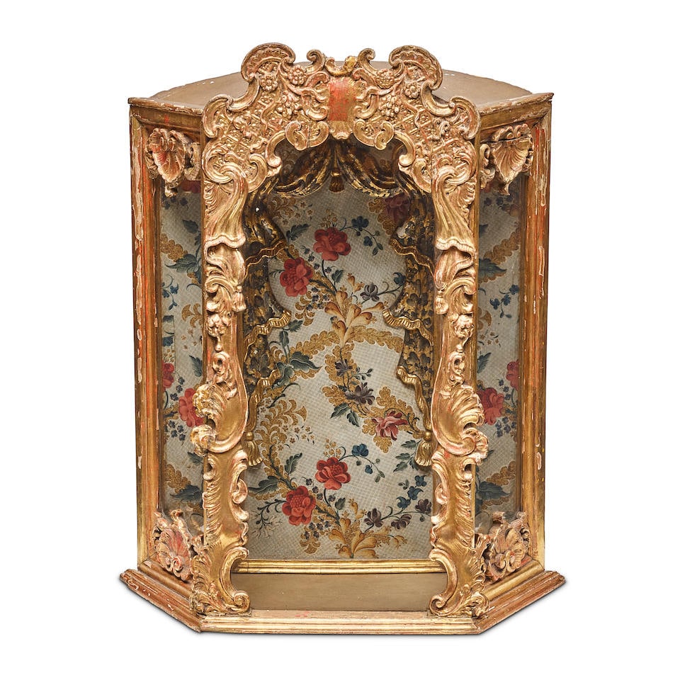 AN ITALIAN BAROQUE STYLE CARVED PARTIAL GILT POLYCHROME ALTAR VITRINE19th century (1 of 2)