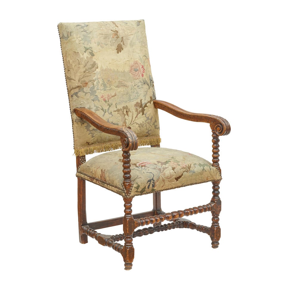 A LOUIS XIV STYLE TAPESTRY UPHOLSTERED WALNUT ARMCHAIRPossibly 18th century (1 of 1)