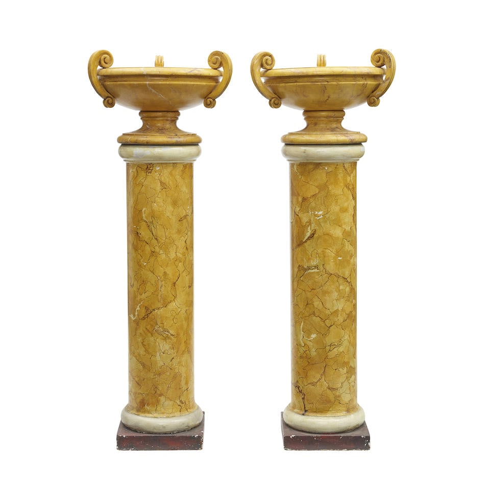 A PAIR OF NEOCLASSICAL STYLE FAUX MARBLE URNS ON FAUX MARBLE PEDESTALS (1 of 2)
