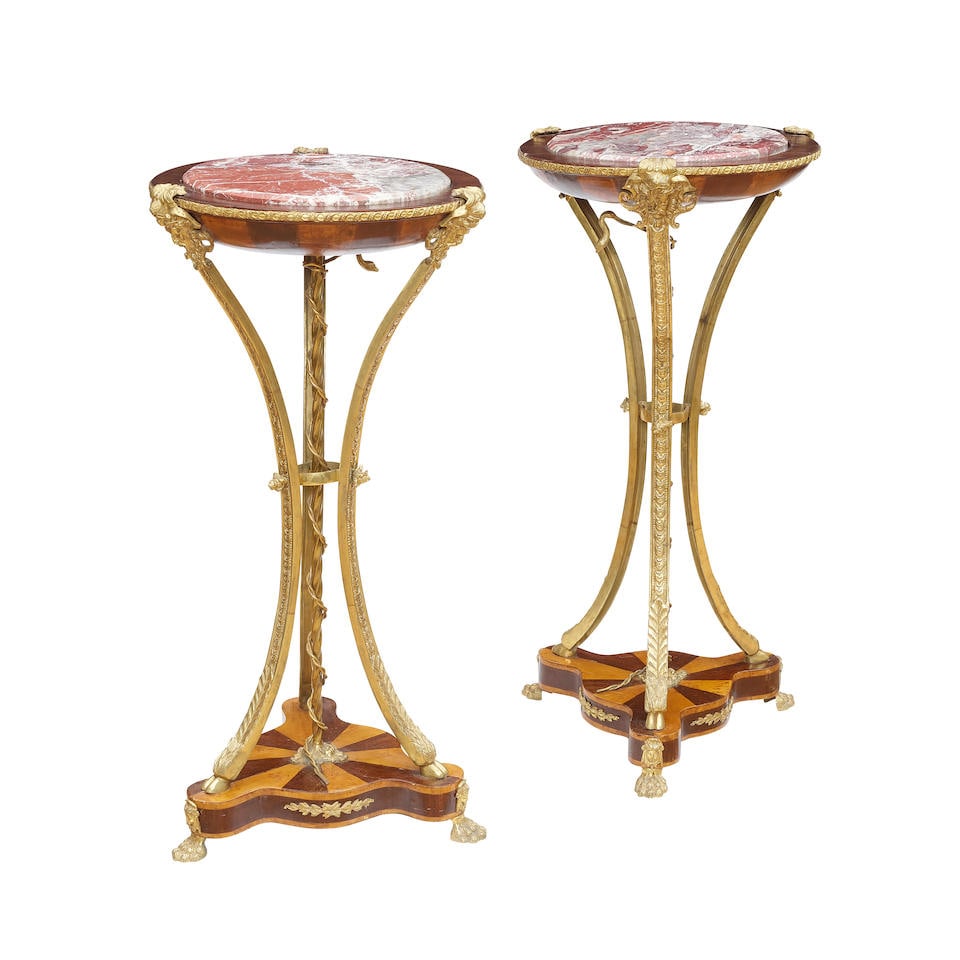 A PAIR OF NEOCLASSICAL STYLE MARBLE TOP GILT BRONZE MOUNTED PARQUETRY FRUITWOOD AND MAHOGANY PED... (1 of 2)