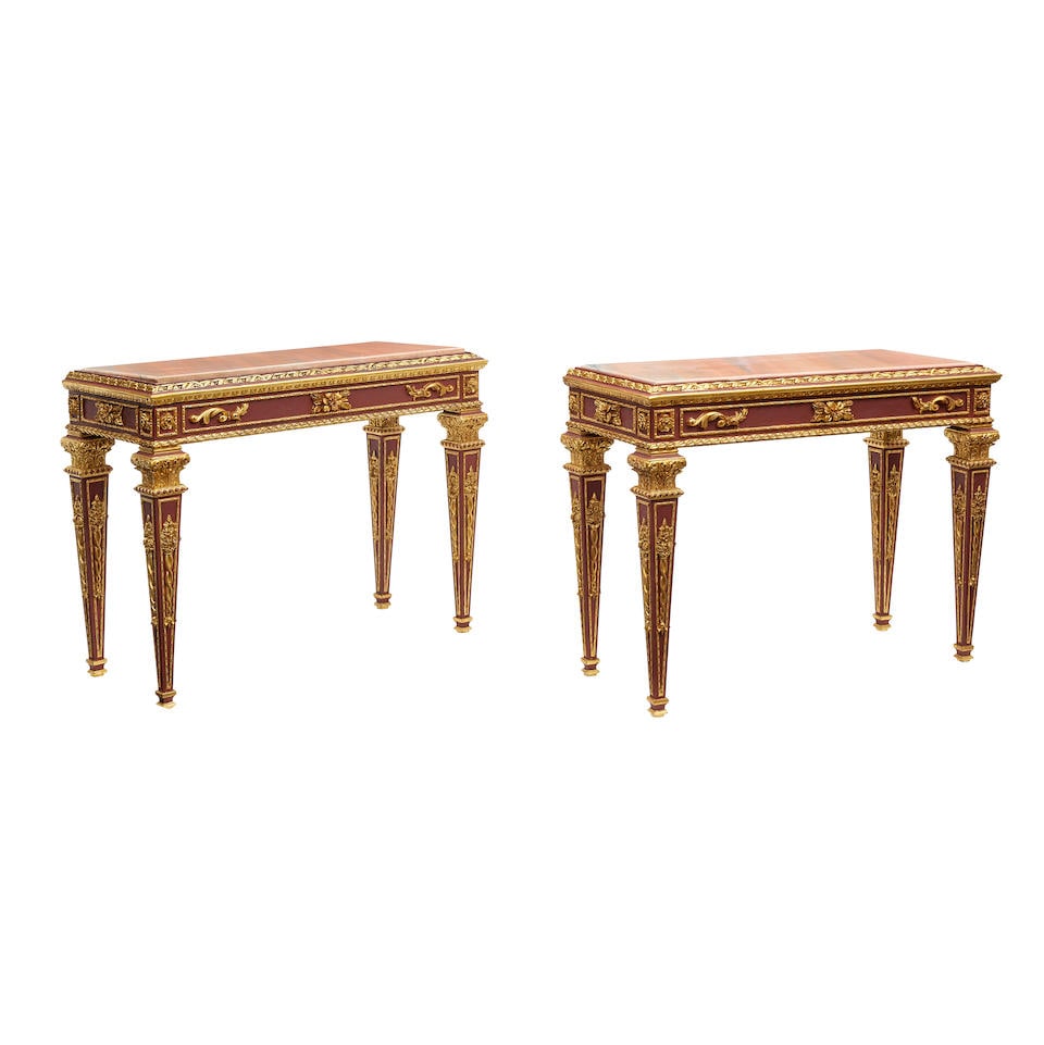 A PAIR OF ITALIAN NEOCLASSICAL STYLE ROUGE MARBLE INSET PARCELGILT AND PAINTED CONSOLES (1 of 1)