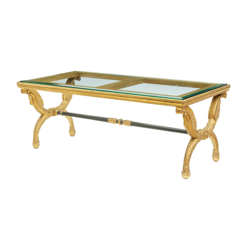 A RUSSIAN NEOCLASSICAL STYLE GLASS INSET GILTWOOD LOW COFFEE TABLE (1 of 2)