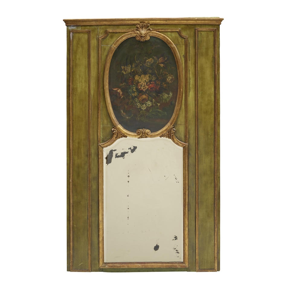 A LARGE LOUIS XVI GREEN PAINTED AND GILTWOOD TRUMEAU18th century: A LARGE LOUIS XVI GREEN PAINTED AND GILTWOOD TRUMEAU 18th century height 78in (198.1cm); width 48in (122cm) Footnotes: Condition reports are not provided in catalog descriptions. The absence of a cond