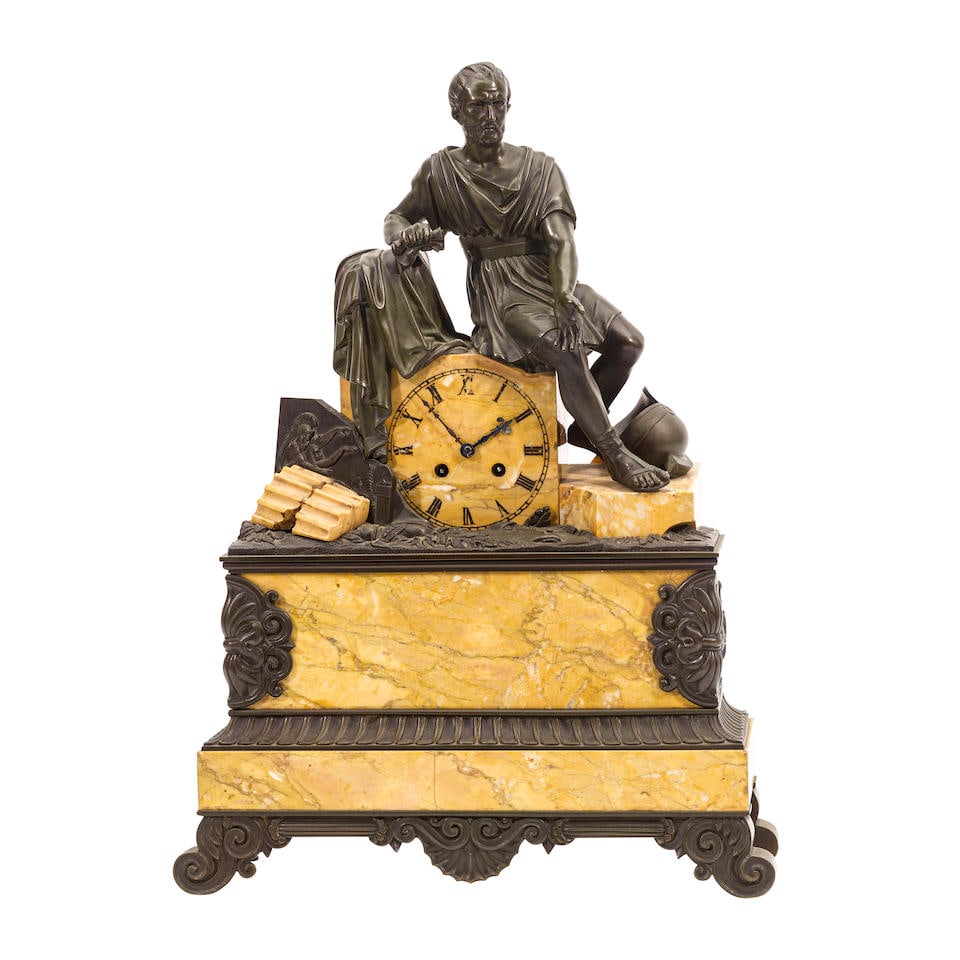 A CHARLES X PATINATED BRONZE AND SIENNA MARBLE MANTEL CLOCKFirst half 19th century (1 of 1)