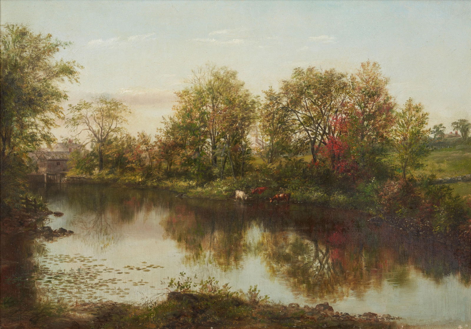 ROBERT SPEAR DUNNING (1829-1905) Cows Drinking from a Placid River (9 3/4 x 14 1/8 in (24.8 x 35... (1 of 3)