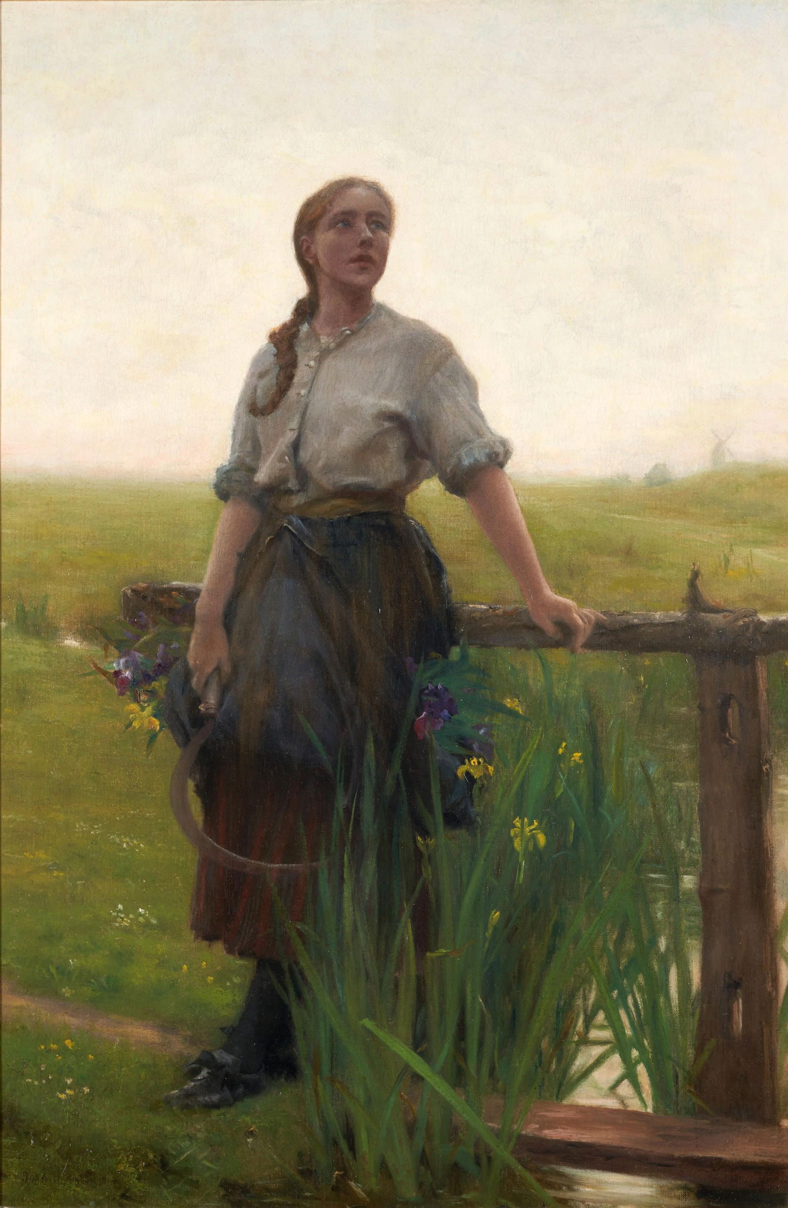 JOHN WHITE ALEXANDER (American, 1856-1915) The Daydreaming Iris Cutter (30 1/4 x 20 in (76.8 x 5...: JOHN WHITE ALEXANDER (American, 1856-1915) The Daydreaming Iris Cutter signed indistinctly 'J.W. Alexander' (lower left); with labels from Ernest T. H. Bennett, London and Gladwell & Patterson, London