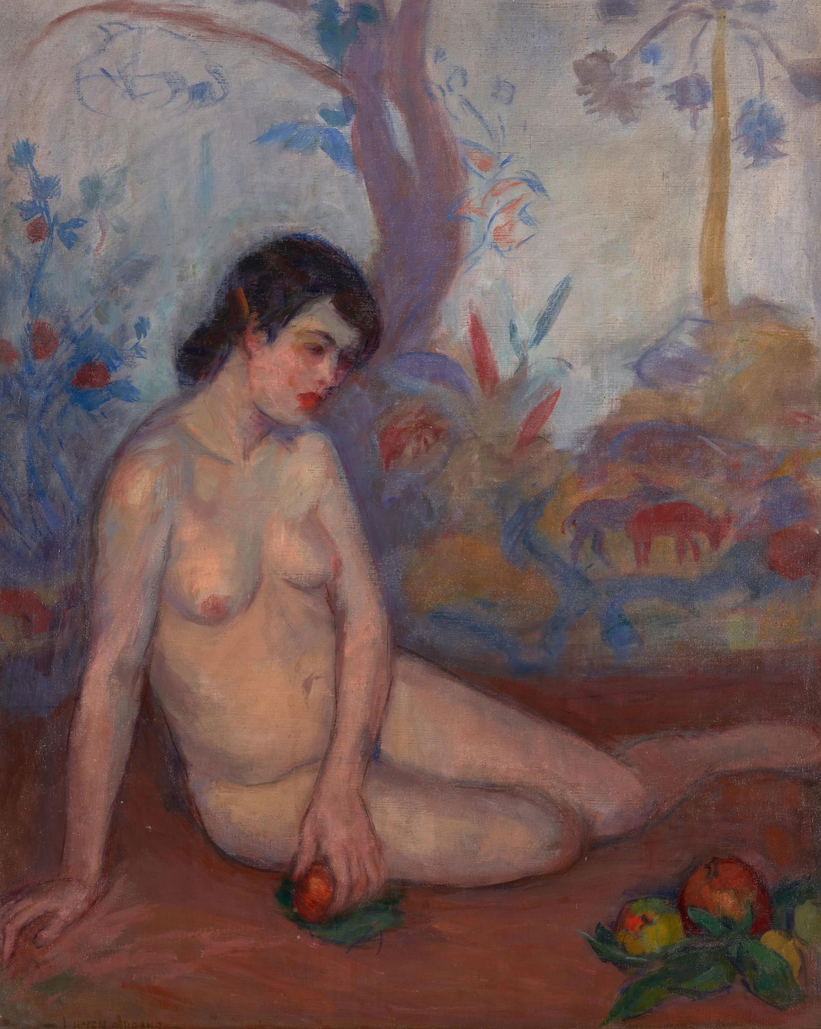 LUCIEN ABRAMS (1870-1941) Seated Nude with Apple (36 1/4 x 29 1/2 in (92.1 x 74.9 cm).framed 46 ...: LUCIEN ABRAMS (1870-1941) Seated Nude with Apple signed 'Lucien Abrams' (lower left) oil on canvas 36 1/4 x 29 1/2 in (92.1 x 74.9 cm).framed 46 1/2 x 40 x 3 1/4 in (118.1 x 101.6 x 8.3 cm).