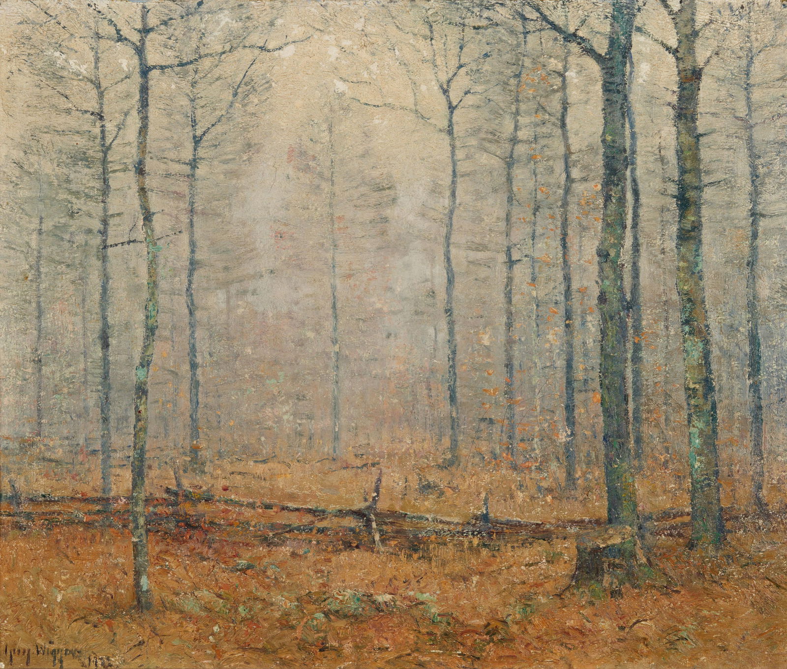 GUY CARLETON WIGGINS (American, 1882-1962) Departing Winter (20 x 24 5/16 in (50.7 x 61.5 cm).fr...: GUY CARLETON WIGGINS (American, 1882-1962) Departing Winter signed and dated 'Guy Wiggins 1922' (lower left); inscribed 'DEPARTING WINTER / Guy Wiggins / 1922' (on the reverse) oil on canvas 20 x 24 5