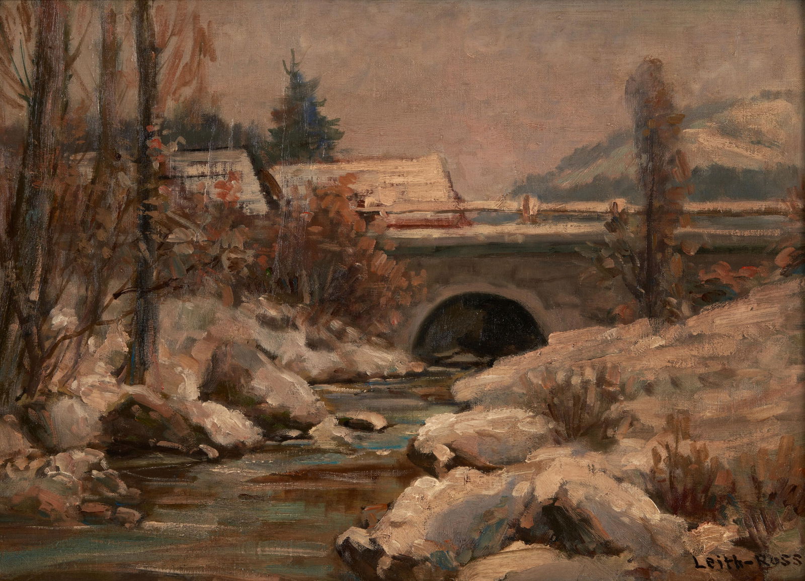 HARRY LEITH-ROSS (1886-1973) Brook in Winter (20 1/4 x 28 in (51.4 x 71.2 cm).framed 23 1/2 x 31...: HARRY LEITH-ROSS (1886-1973) Brook in Winter signed 'Leith-Ross' (lower right) oil on canvas 20 1/4 x 28 in (51.4 x 71.2 cm).framed 23 1/2 x 31 1/2 x 1 3/4 in (59.7 x 80.0 x 4.4 cm).