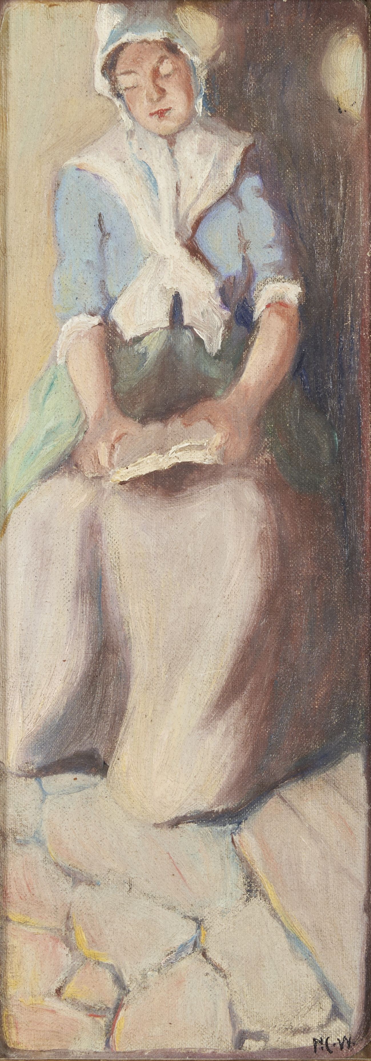 NEWELL CONVERS WYETH (American, 1882-1945) A Woman in a Colonial Dress (11 3/4 x 4 1/4 in (29.8 ...: NEWELL CONVERS WYETH (American, 1882-1945) A Woman in a Colonial Dress signed 'N.C.W' (lower right) oil on canvas mounted to Masonite 11 3/4 x 4 1/4 in (29.8 x 10.7 cm).framed 15 3/4 x 8 1/4 x 7/8 in