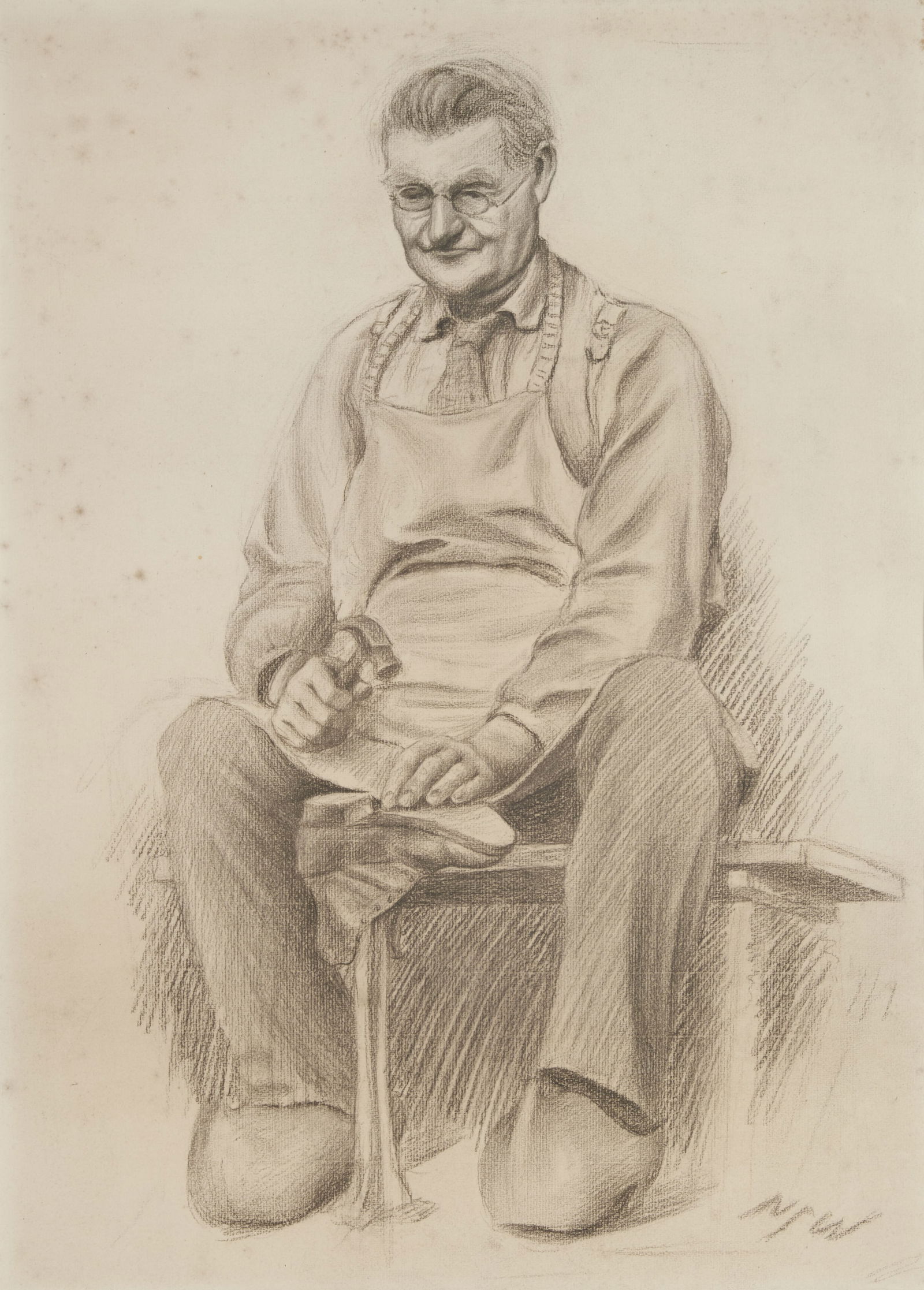 NEWELL CONVERS WYETH (American, 1882-1945) Portrait of a Cobbler (c. 1901-1902) (sight size 22 x...: NEWELL CONVERS WYETH (American, 1882-1945) Portrait of a Cobbler (c. 1901-1902) signed 'NCW' (lower right) charcoal on paper sight size 22 x 15 3/4 in (55.9 x 40.0 cm).framed 29 1/4 x 22 3/4 x 3/4 in
