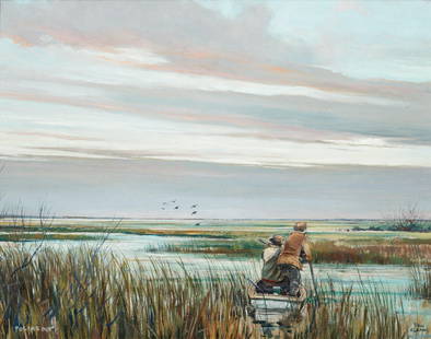 ERIC SLOANE (American, 1905-1985) Poling Out (15 3/8 x 19 1/2 in (39.1 x 49.5 cm).framed 19 5/8 ...: ERIC SLOANE (American, 1905-1985) Poling Out signed 'ERIC / SLOANE' (lower right); titled (lower left); identified on a label from Abercrombie & Fitch Co. (affixed to the reverse); with a tag from Sou