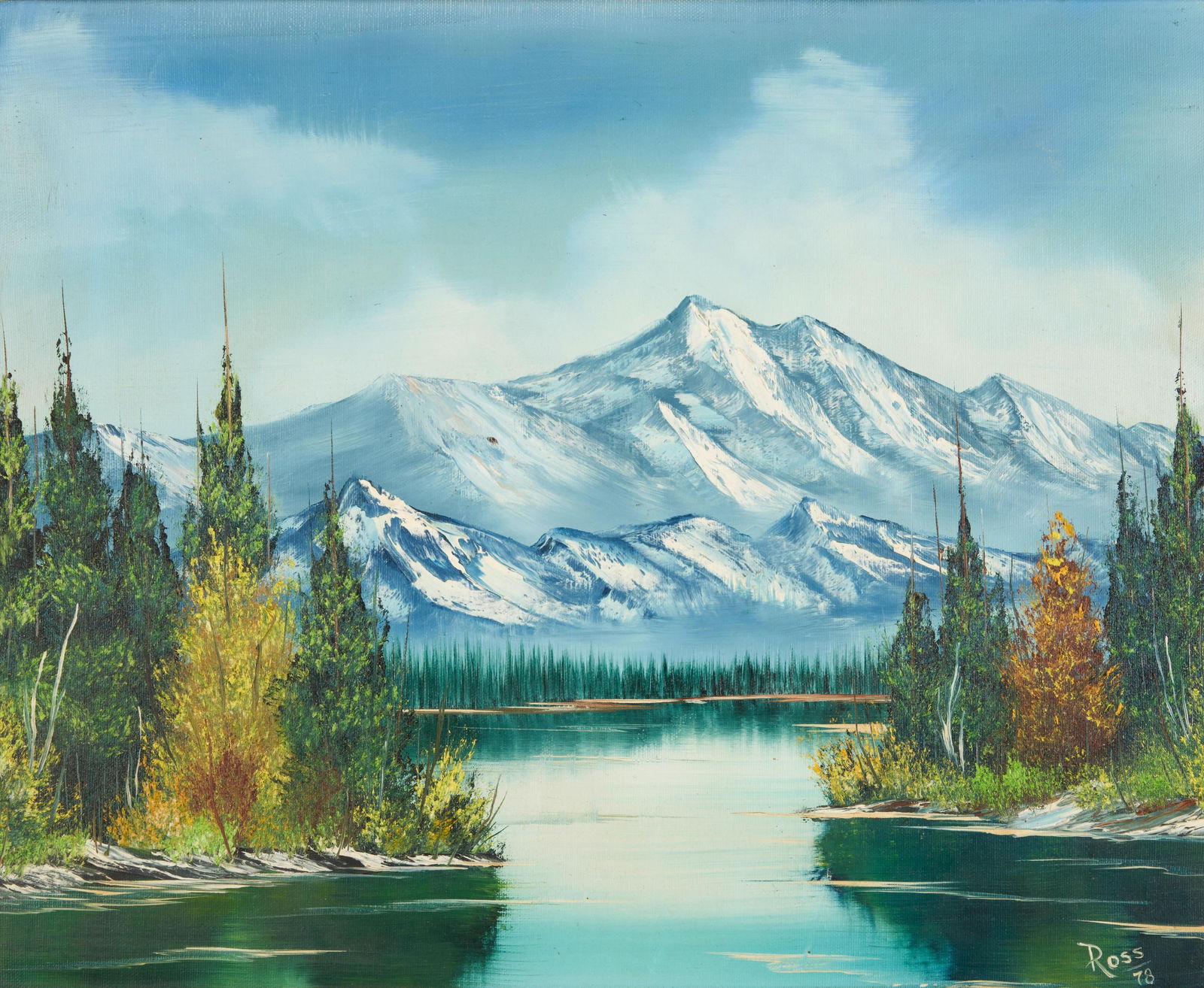 BOB ROSS (American, 1942-1995) Alaskan Landscape (16 x 20 in (40.6 x 50.8 cm)framed 23 x 27 1/4...: BOB ROSS (American, 1942-1995) Alaskan Landscape signed and dated 'Ross/78' (lower right); with the artist's stamp 'BOB ROSS/Alaskan Oil Paintings...' (applied to the stretcher in three places) oil on