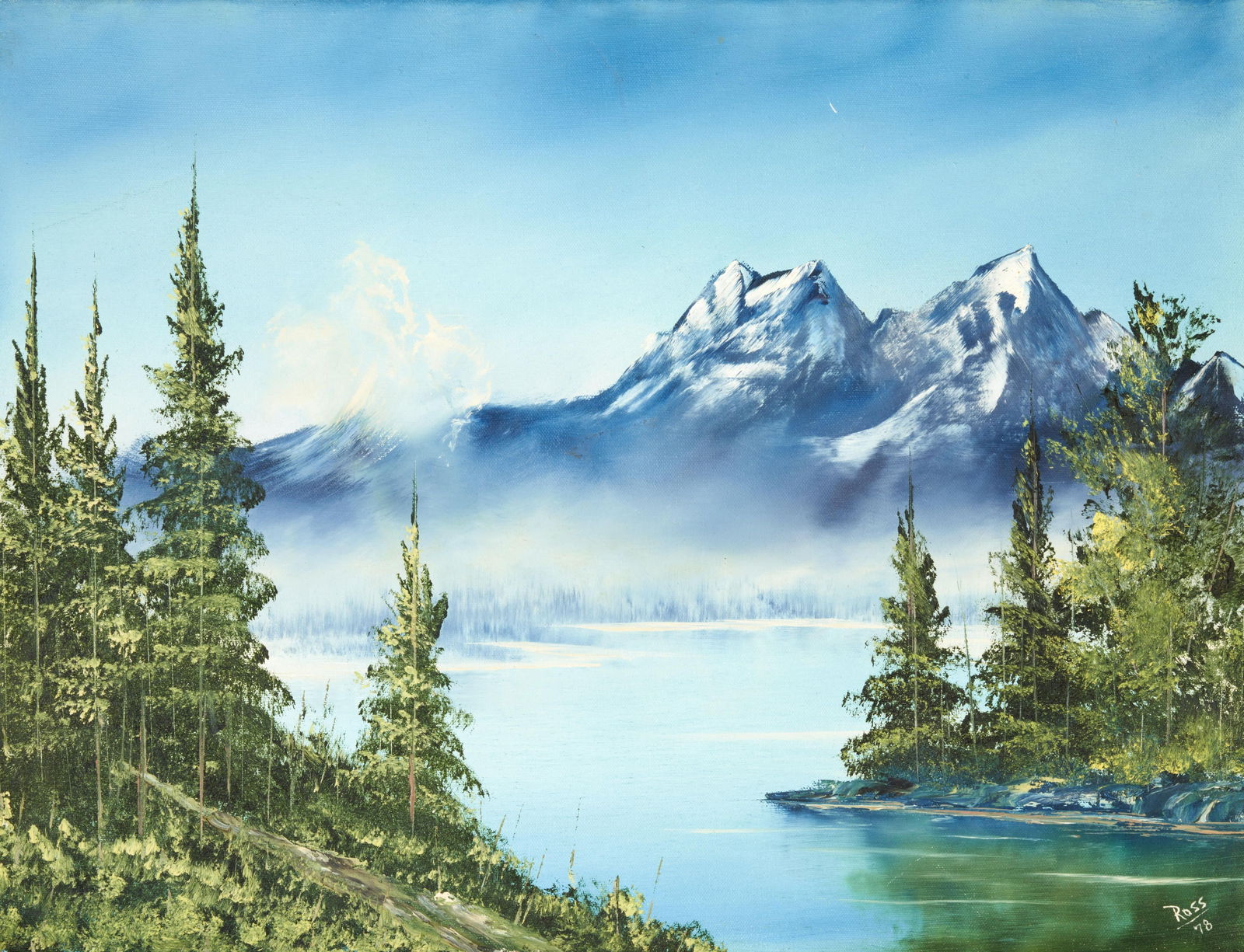 BOB ROSS (American, 1942-1995) A Misty Mountain Lake Below Snow-Capped Peaks (18 x 24 in (45.7 x...: BOB ROSS (American, 1942-1995) A Misty Mountain Lake Below Snow-Capped Peaks signed and dated 'Ross / 78' (lower right); inscribed 'Ross' (in pencil on the reverse); with the artist's stamp 'BOB ROSS