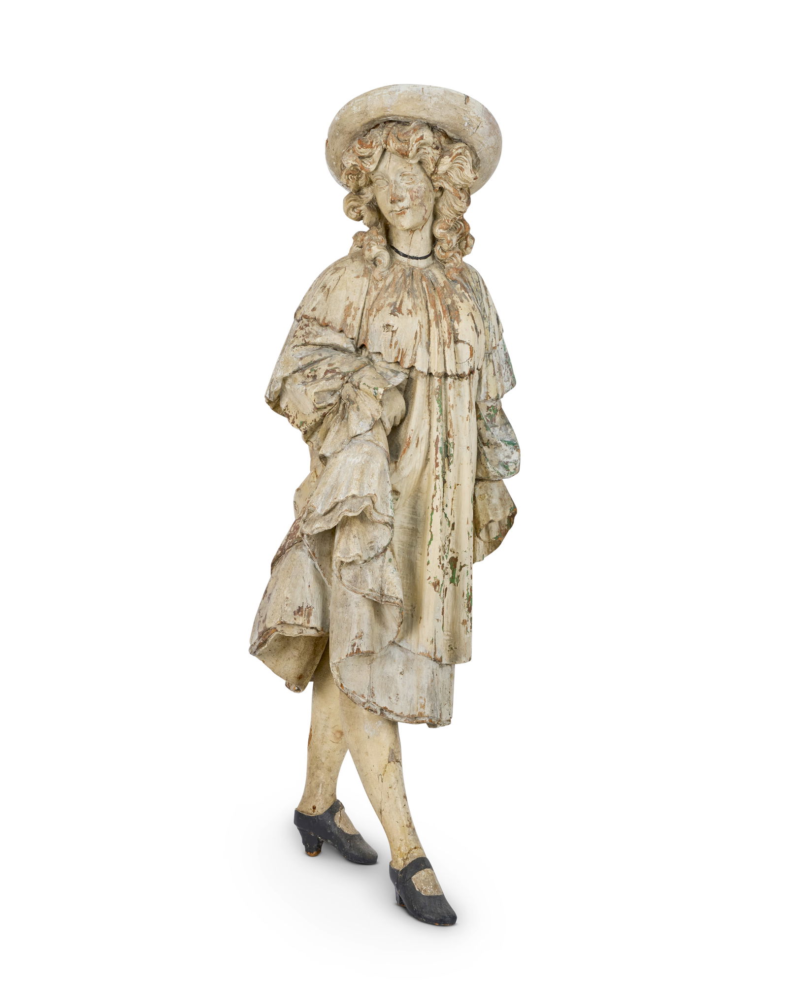 A French carved and painted organ figure of a lady Attributed to Gavioli, circa 1905: A French carved and painted organ figure of a lady Attributed to Gavioli, circa 1905 The maiden looking to dexter, wearing a bonnet and long pleated dress, 33cm wide, 29cm deep, 92cm high (12 1/2in wi