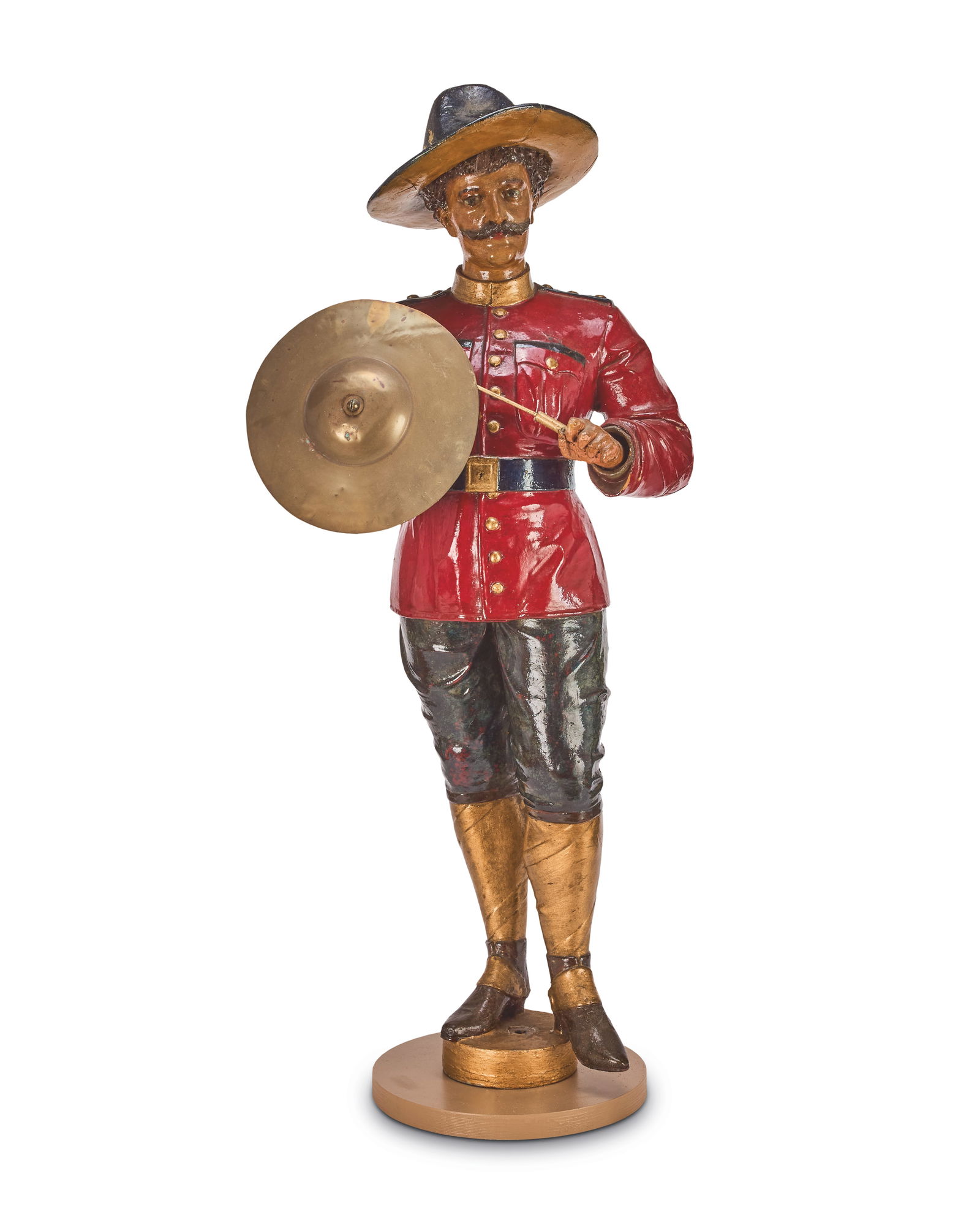 A French carved and painted barrel organ cymbal player depicting a member of the Royal Canadian ...: A French carved and painted barrel organ cymbal player depicting a member of the Royal Canadian Mounted Police Attributed to Gavioli, circa 1900 The rotating hand striking the cymbal, previously opera