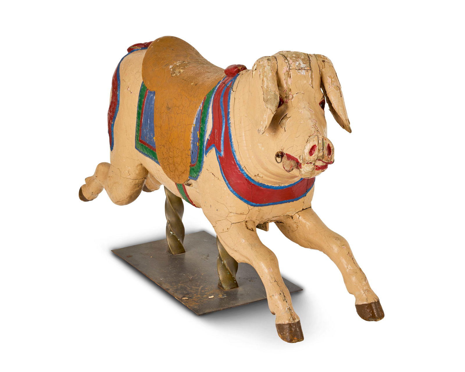 A large French carved and painted platform ride figure of a pig Attributed to Coquereau & Mar...: A large French carved and painted platform ride figure of a pig Attributed to Coquereau & Maréchal, circa 1930 The pig in running position, looking slightly to dexter with tongue poking out and g