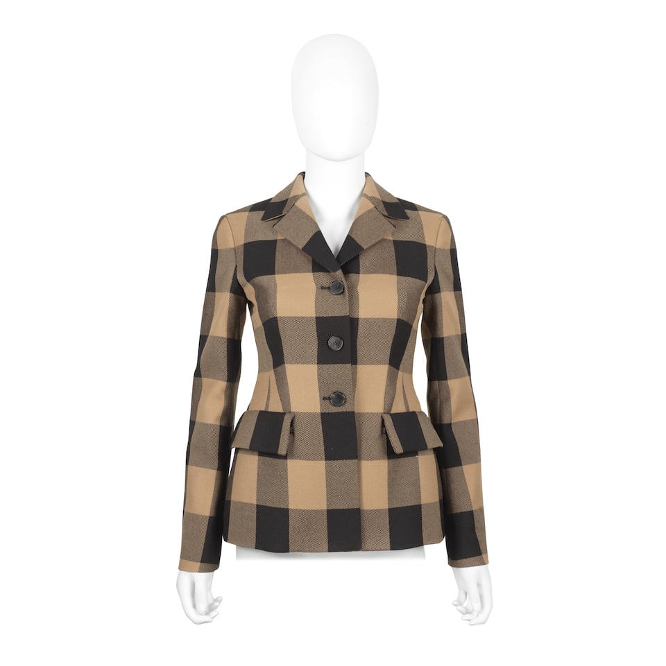 Christian Dior: a Tan and Black Tartan Check Wool Bar Jacket Autumn/Winter 2020-2021: Christian Dior: a Tan and Black Tartan Check Wool Bar Jacket Autumn/Winter 2020-2021 Button down jacket with cinched waist, 100% wool and silk lined Labelled size FR 38, UK 8 Footnotes: CONDITION REP