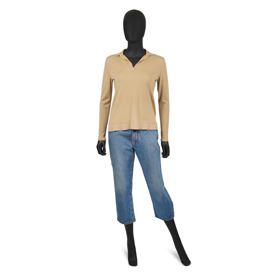 ALAÏA and Max Mara: a Pair of Denim Jeans and a Tan Wool Jumper 2020s: ALAÏA and Max Mara: a Pair of Denim Jeans and a Tan Wool Jumper 2020s Includes a Max Mara tan long sleeve v neck thin wool jumper, labelled size S, with a pair of high waisted ALAÏA blue den
