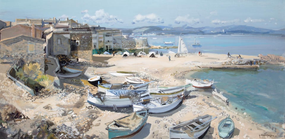Gabriel Deschamps (French, 1919-2011) St. Tropez 39 1/2 x 19 3/4in (100.3 x 50.2cm): Gabriel Deschamps (French, 1919-2011) St. Tropez signed 'G. Deschamps.' (lower right); and titled '-St. Tropez-' (on the verso) oil on canvas 39 1/2 x 19 3/4in (100.3 x 50.2cm) Footnotes: Provenance W