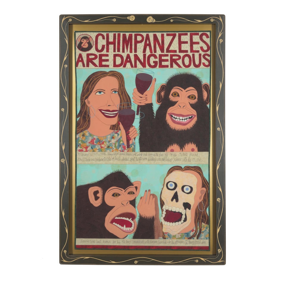 Chris Roberts-Antieau (American, born 1951) Chimpanzees are dangerous 41 x 25in (104.1 x 63.5cm): Chris Roberts-Antieau (American, born 1951) Chimpanzees are dangerous unsigned mixed textile with artist painted frame 41 x 25in (104.1 x 63.5cm) Footnotes: Chris Roberts-Antieau is a contemporary art